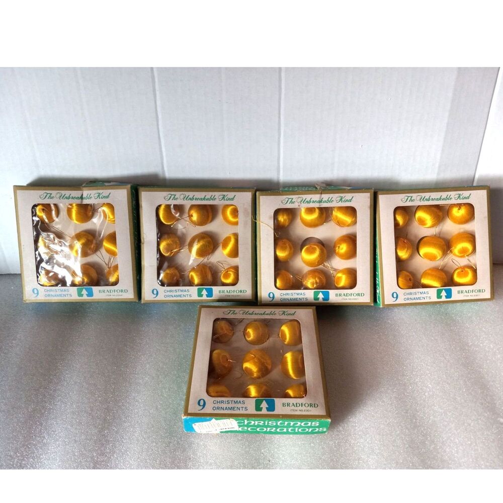 Lot of 5 OPEN 9-Pc. Boxes of 1970s Bradford Gold Satin Christmas Ball Ornaments